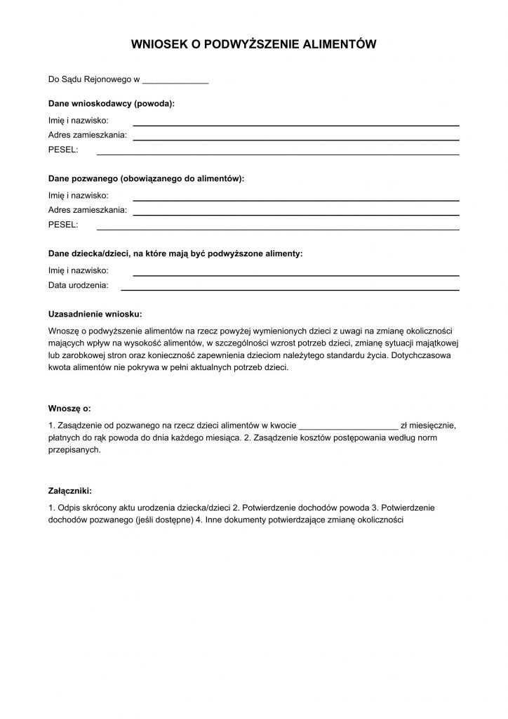 Wzór wniosku o podwyższenie alimentów