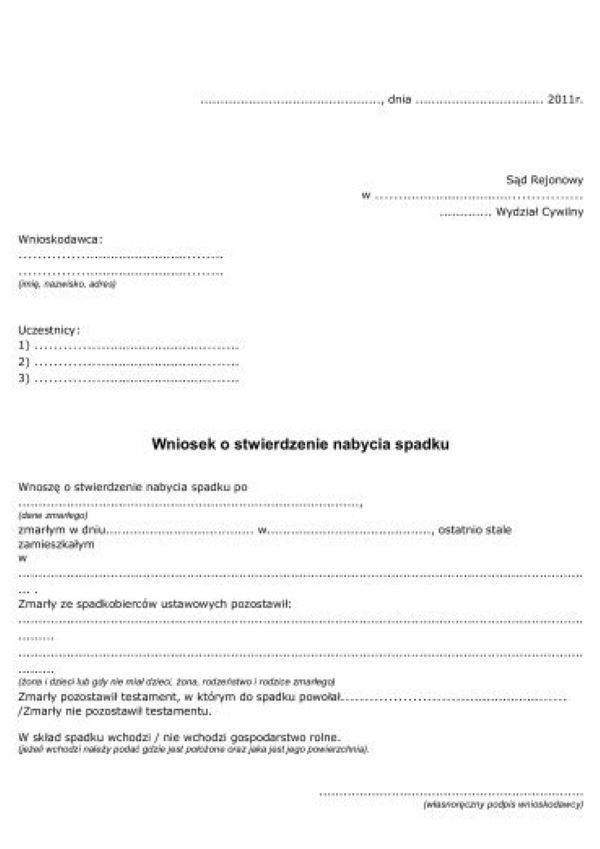 Wzór wniosku o odpis postanowienia o stwierdzeniu nabycia spadku