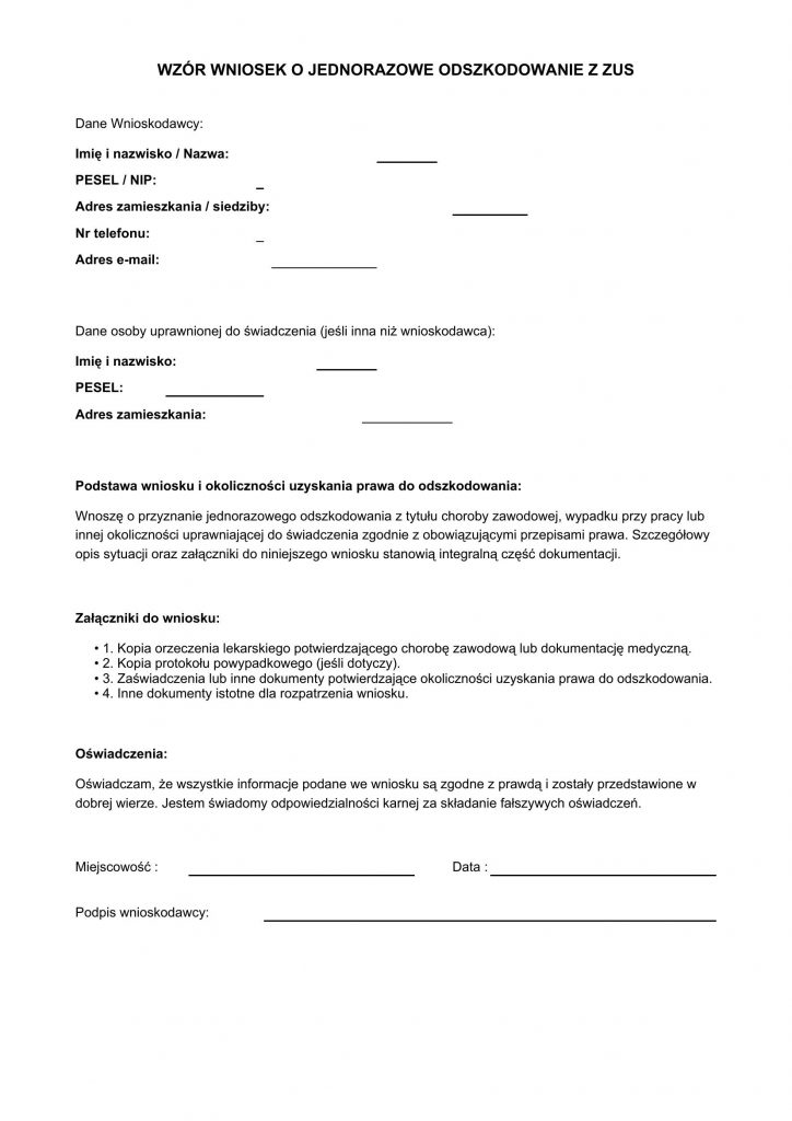 Wzór wniosku o jednorazowe odszkodowanie z ZUS