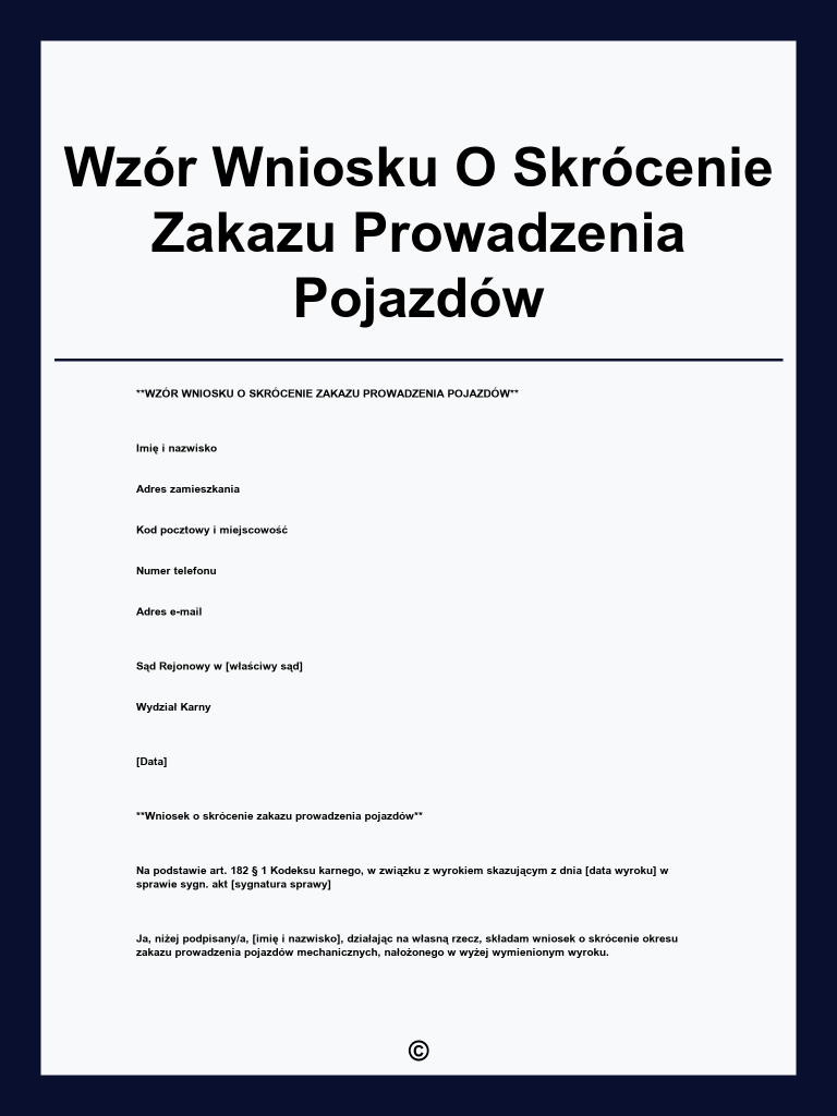 Wzór wniosku o skrócenie zakazu prowadzenia